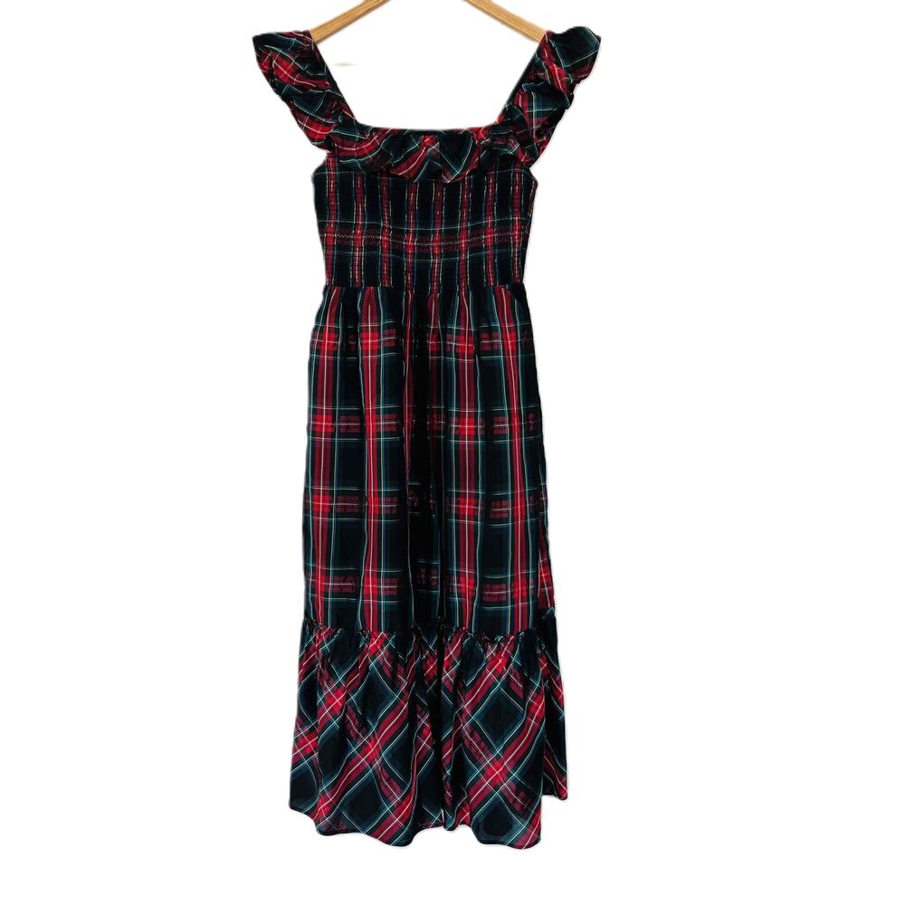 Vineyard Vines Sz‎ XS Apres Midi Dress Tartan Plaid Smocked Bodice Ruffle Detail